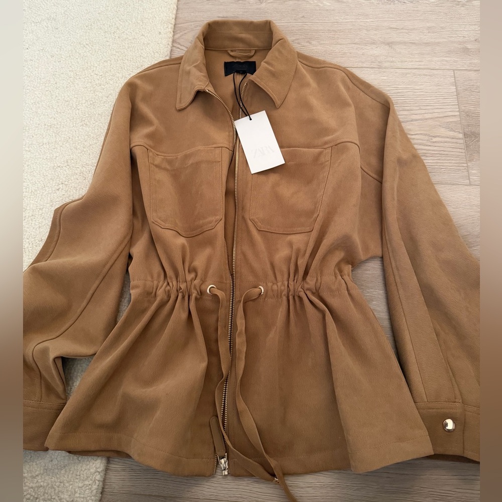 NWT Zara Adjustable Waist Pocket Suede Jacket Tan / Camel Size Small - Picture 2 of 10